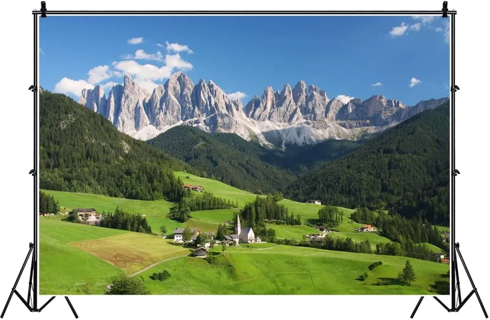 Laeacco European Alps Backdrop 7x5ft Photography Background Dolomites Swiss Mountains Green Forest Blue Sky Scenic Spot Outdoor Photo Background Studio Props Photo Studio