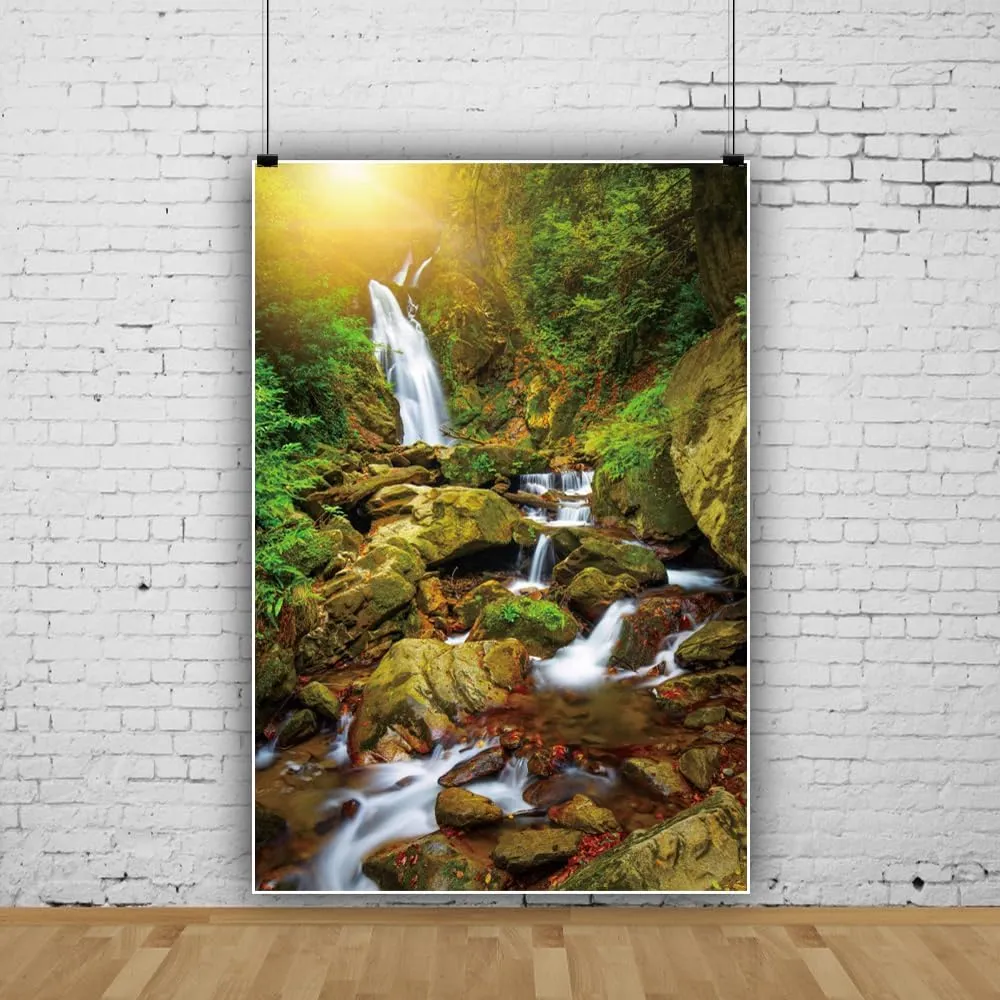 Laeacco Waterfall Backdrops for Photography 5x7FT Spring Forest Landscape Background Nature Scenery River Small Waterfall Baby Shower Birthday Wedding Photo Studio Kids Adults Portrait Photo Shoot