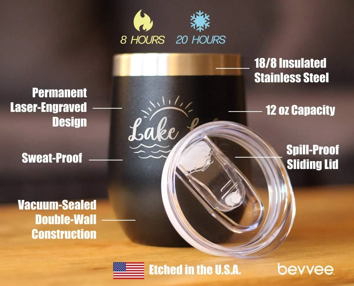 Lake Life - Wine Tumbler with Sliding Lid - Stemless Stainless Steel Insulated Cup - Cute Outdoor Camping Mug - Black