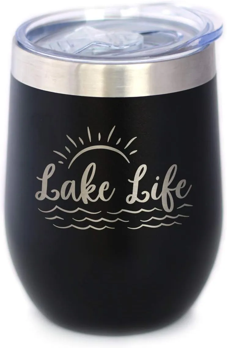 Lake Life - Wine Tumbler with Sliding Lid - Stemless Stainless Steel Insulated Cup - Cute Outdoor Camping Mug - Black