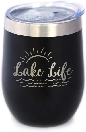 Lake Life - Wine Tumbler with Sliding Lid - Stemless Stainless Steel Insulated Cup - Cute Outdoor Camping Mug - Black