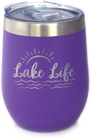 Lake Life - Wine Tumbler with Sliding Lid - Stemless Stainless Steel Insulated Cup - Cute Outdoor Camping Mug - Purple