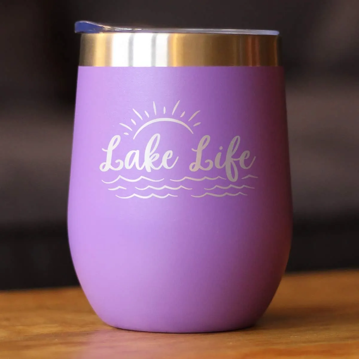 Lake Life - Wine Tumbler with Sliding Lid - Stemless Stainless Steel Insulated Cup - Cute Outdoor Camping Mug - Purple