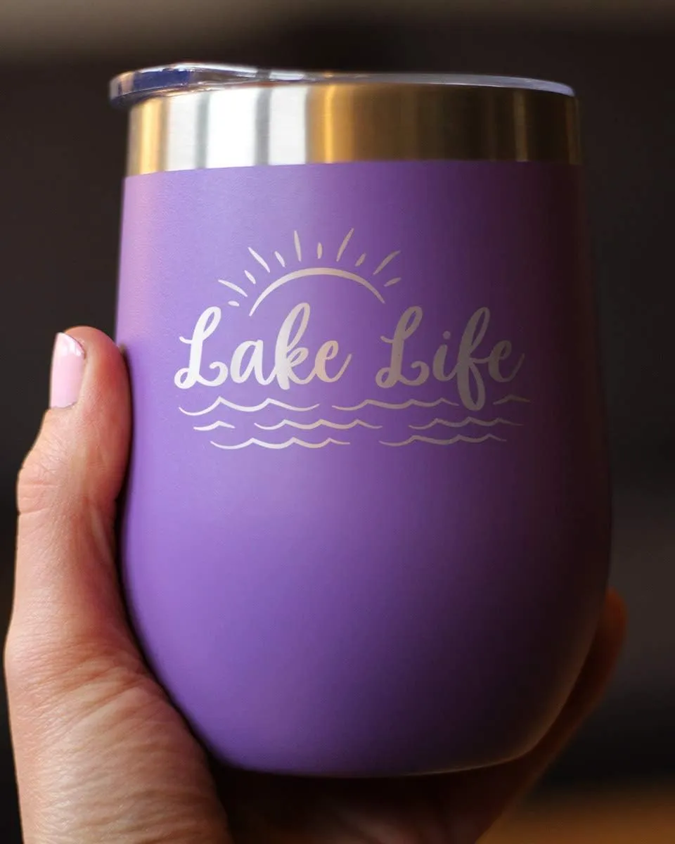 Lake Life - Wine Tumbler with Sliding Lid - Stemless Stainless Steel Insulated Cup - Cute Outdoor Camping Mug - Purple