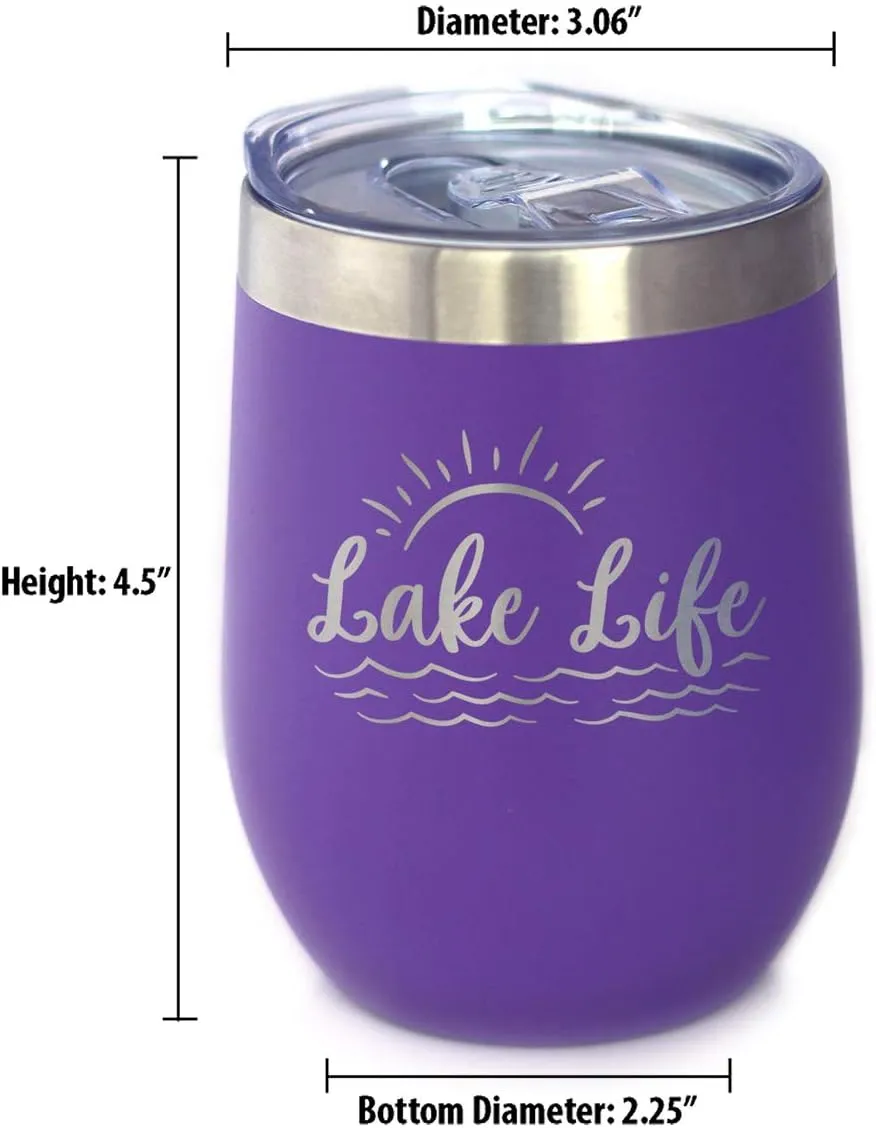 Lake Life - Wine Tumbler with Sliding Lid - Stemless Stainless Steel Insulated Cup - Cute Outdoor Camping Mug - Purple