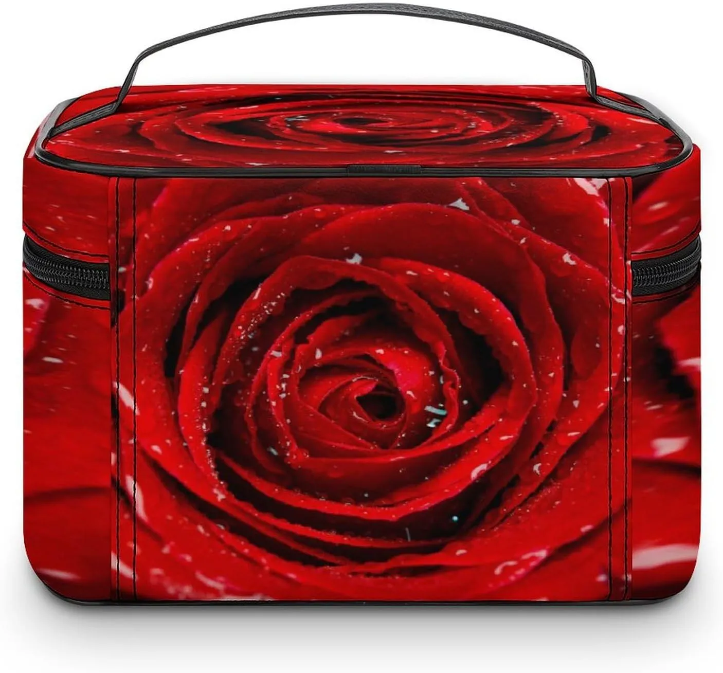 Large Women Wash Bag, Cosmetic Organizer Train Toiletry Storage Case Holder Zipper Makeup Bag Pouch 9.8x7.5x5.9 in Print Fresh Red Rose Bud, The Petals of Red Roses with Water