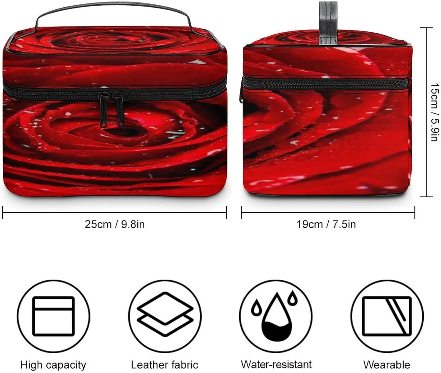 Large Women Wash Bag, Cosmetic Organizer Train Toiletry Storage Case Holder Zipper Makeup Bag Pouch 9.8x7.5x5.9 in Print Fresh Red Rose Bud, The Petals of Red Roses with Water