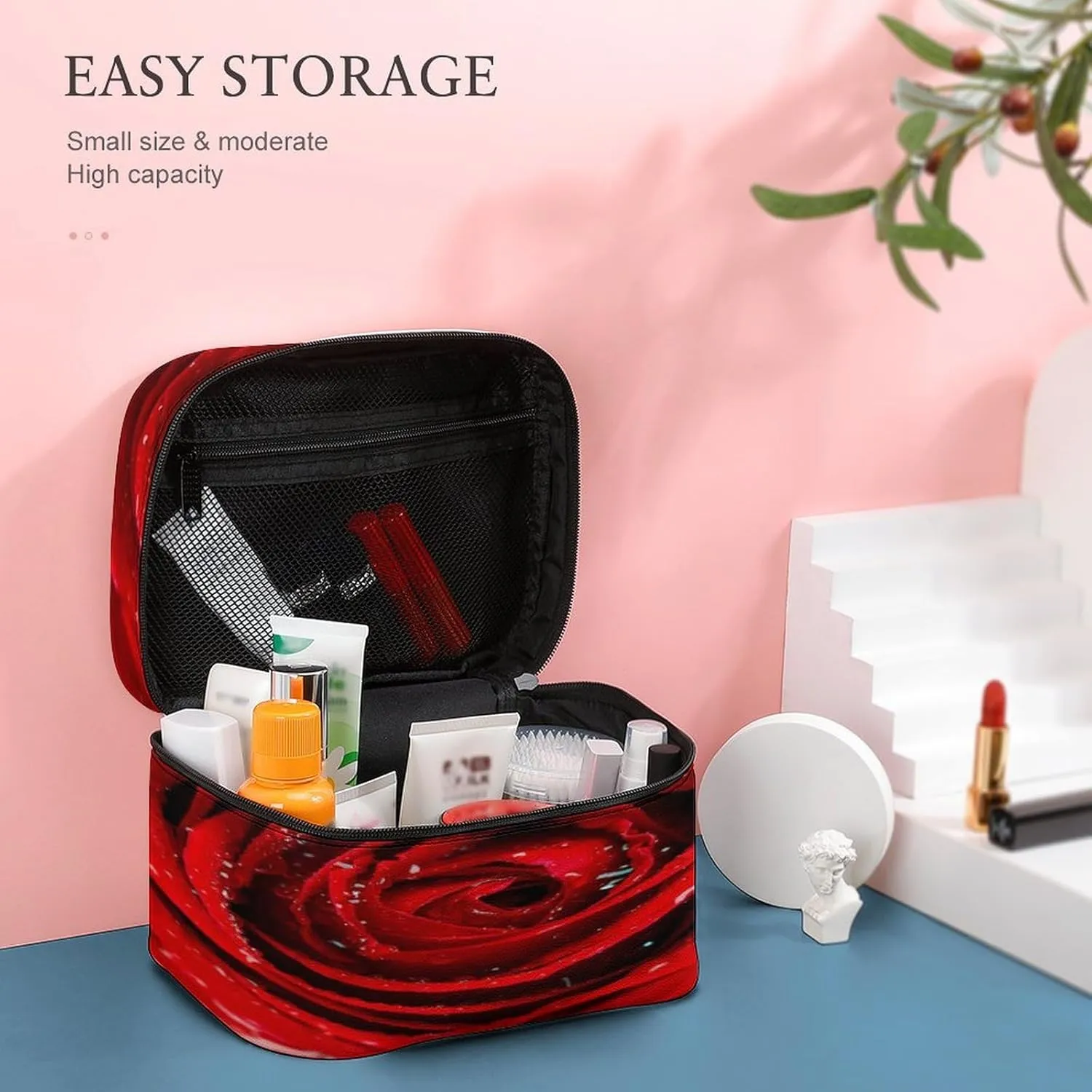 Large Women Wash Bag, Cosmetic Organizer Train Toiletry Storage Case Holder Zipper Makeup Bag Pouch 9.8x7.5x5.9 in Print Fresh Red Rose Bud, The Petals of Red Roses with Water