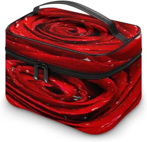 Large Women Wash Bag, Cosmetic Organizer Train Toiletry Storage Case Holder Zipper Makeup Bag Pouch 9.8x7.5x5.9 in Print Fresh Red Rose Bud, The Petals of Red Roses with Water