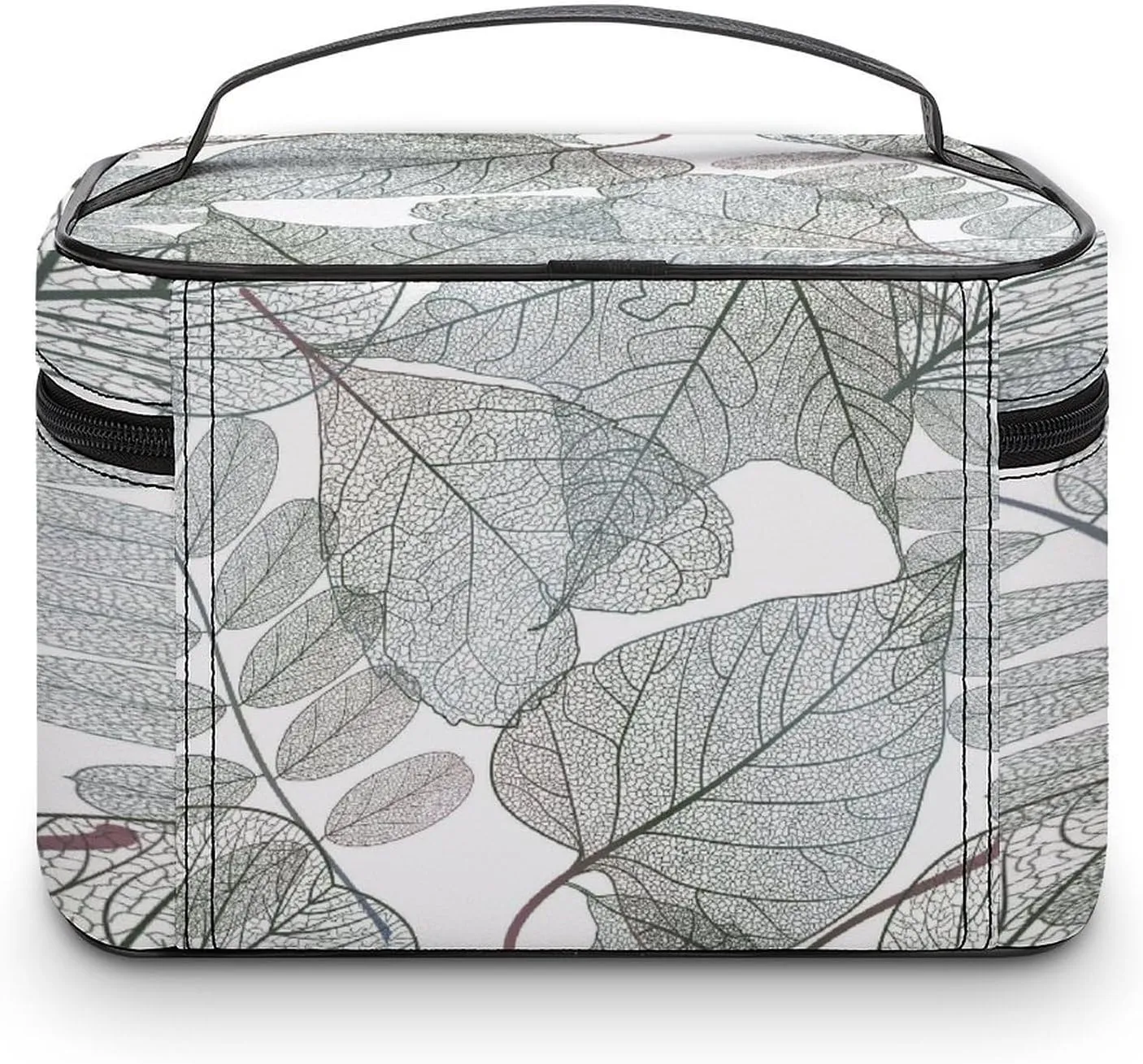 Large Women Wash Bag, Cosmetic Organizer Train Toiletry Storage Case Holder Zipper Makeup Bag Pouch 9.8x7.5x5.9 in Print Seamless Pattern with Transparent Leaves on White