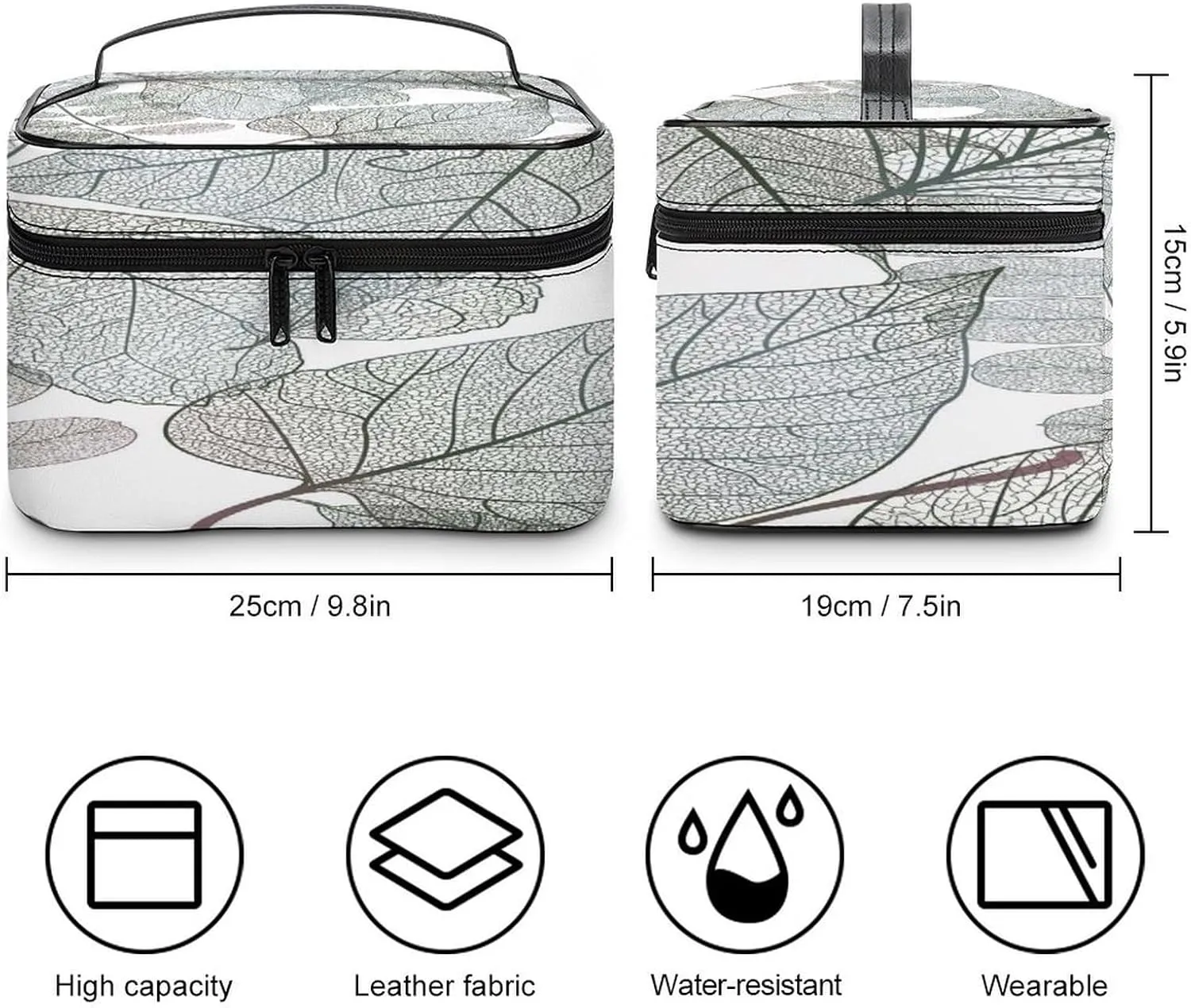 Large Women Wash Bag, Cosmetic Organizer Train Toiletry Storage Case Holder Zipper Makeup Bag Pouch 9.8x7.5x5.9 in Print Seamless Pattern with Transparent Leaves on White