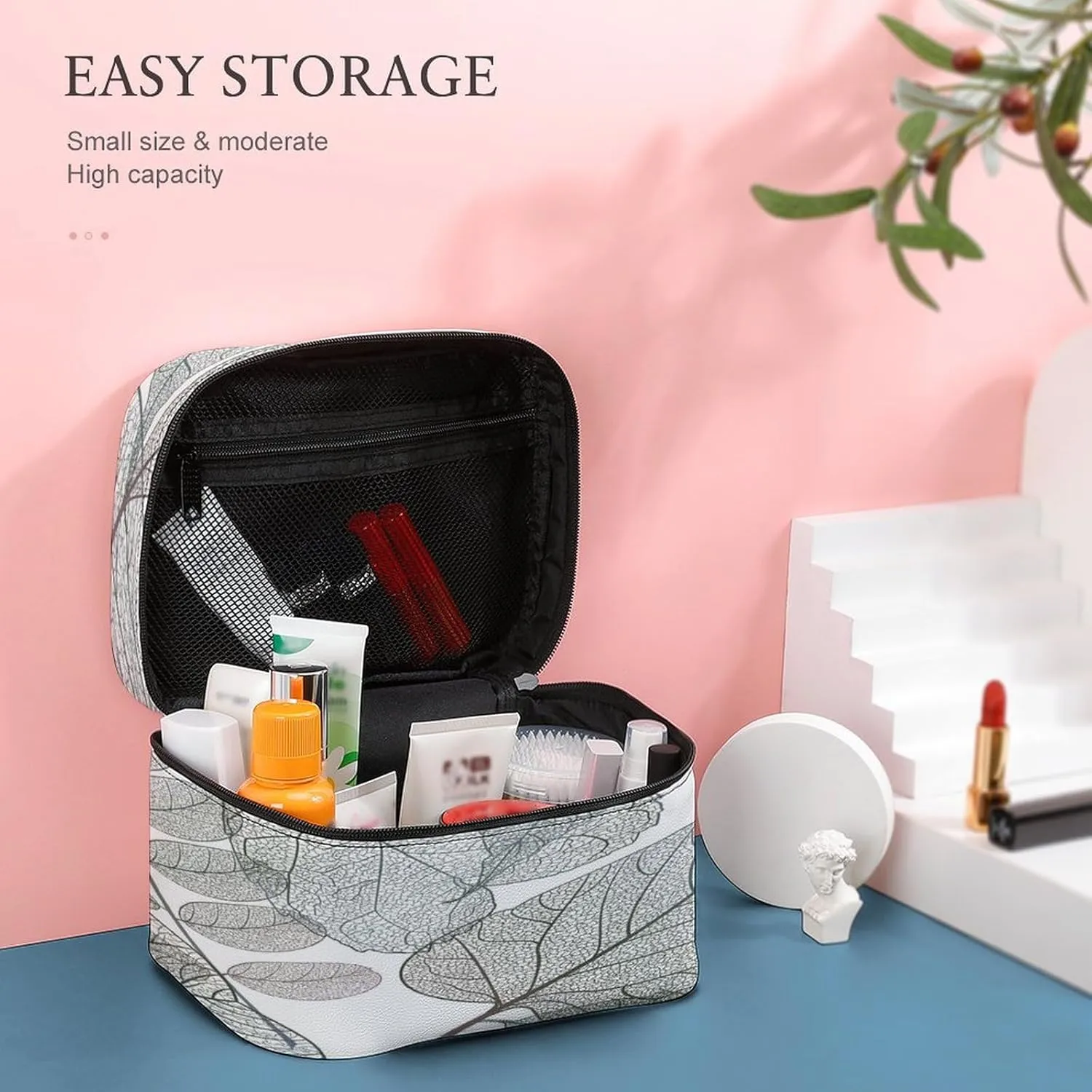 Large Women Wash Bag, Cosmetic Organizer Train Toiletry Storage Case Holder Zipper Makeup Bag Pouch 9.8x7.5x5.9 in Print Seamless Pattern with Transparent Leaves on White