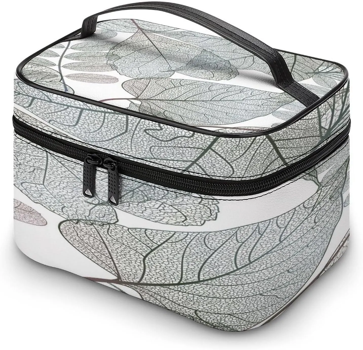 Large Women Wash Bag, Cosmetic Organizer Train Toiletry Storage Case Holder Zipper Makeup Bag Pouch 9.8x7.5x5.9 in Print Seamless Pattern with Transparent Leaves on White