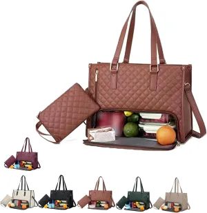 Lavenra All in One Tote Bag, 2 in 1 Tote Bag Lunch Bag Combo, large capacity, for office areas, school, travel (Brown)