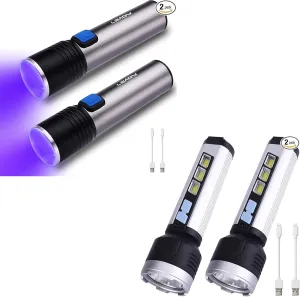 LEAGY 4-Pack USB Rechargeable Flashlight Set – 240 Lumens Ultra Bright LED & 395nm UV Mini Flashlight – Zoomable, Adjustable Brightness, 4 Modes – Perfect for Camping, Hiking, Emergency, UV Detection