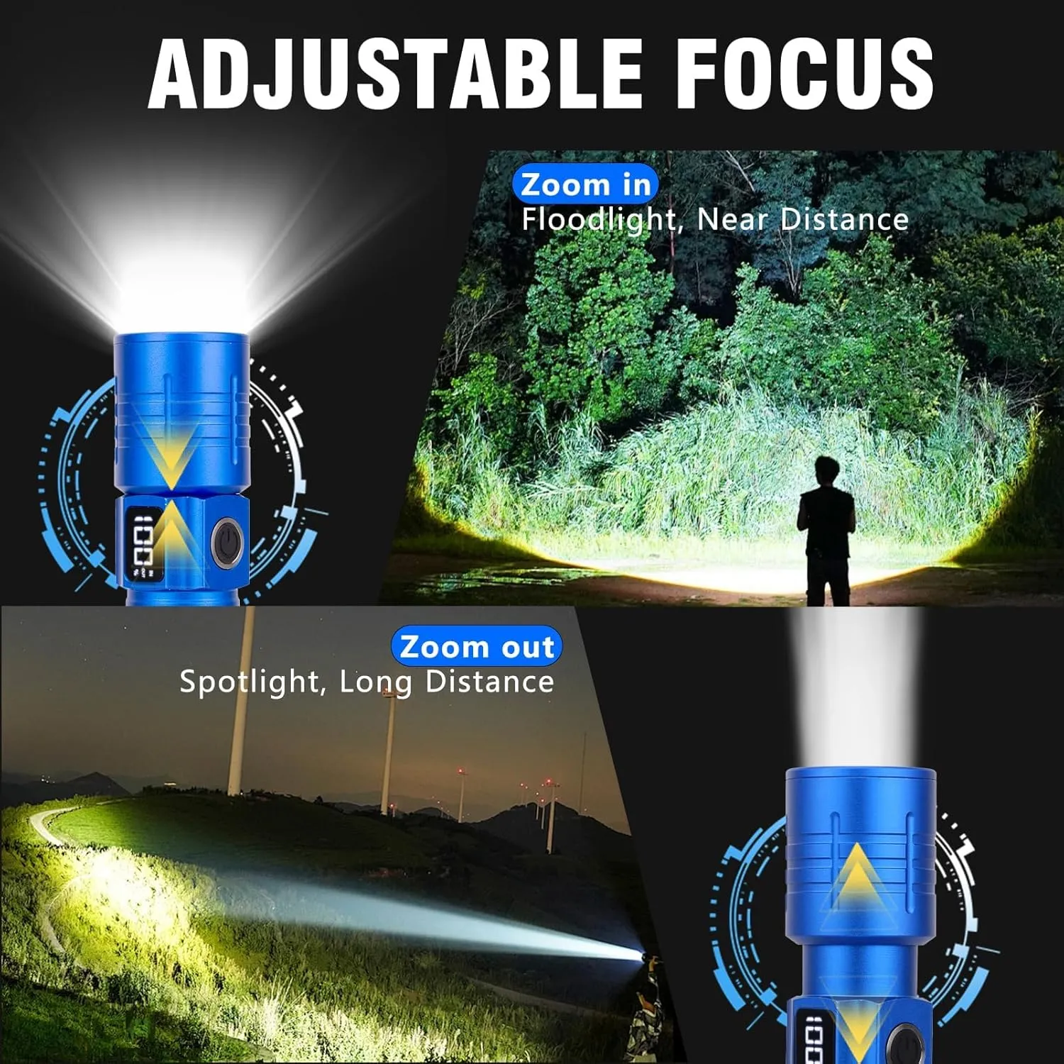 LED Flashlight, High Powered Super Bright Tactical Flashlight, Rechargeable Flashlights High Lumens, 6 Modes Zoomable Waterproof Flash Lights for Emergency, Camping, Hiking (Black Blue)