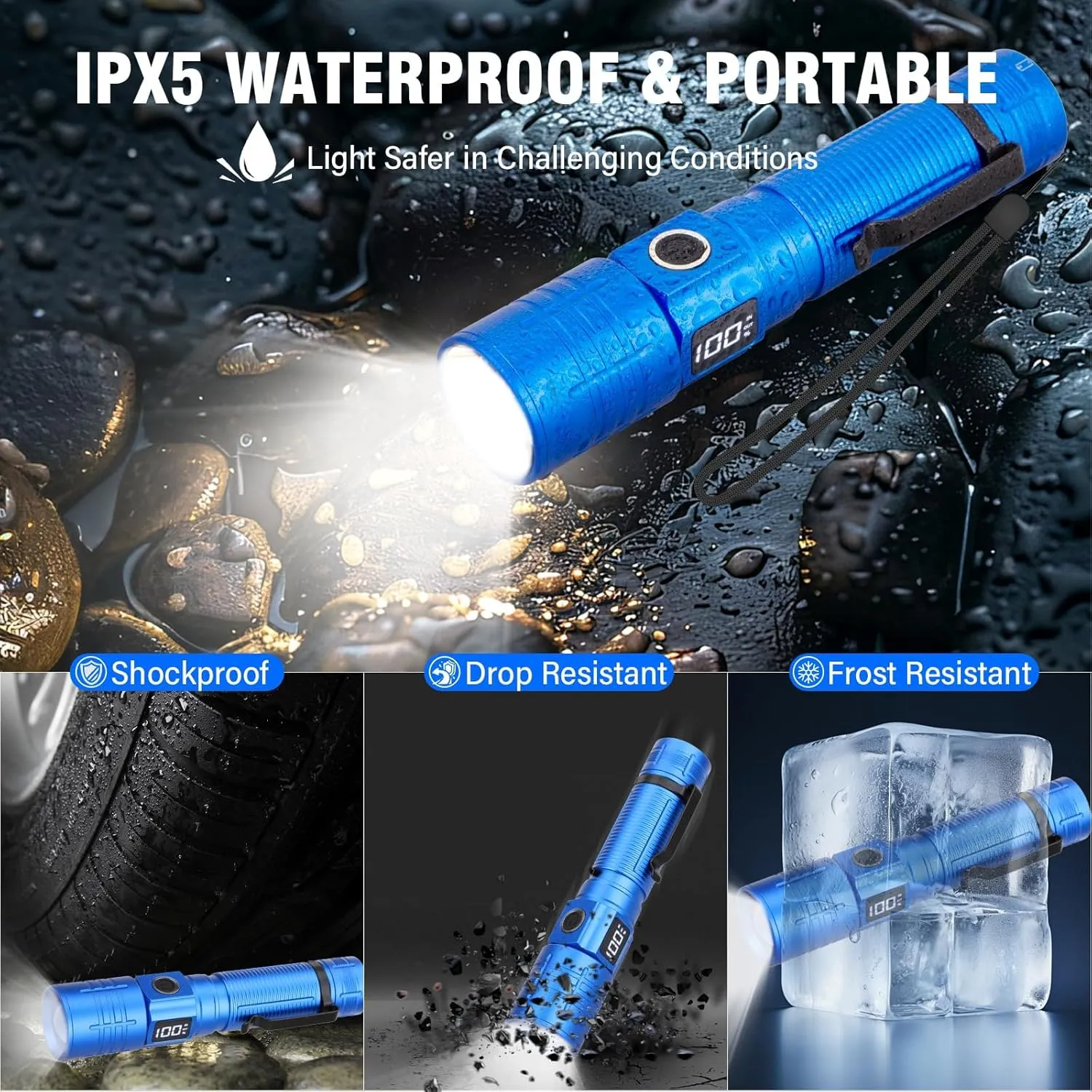 LED Flashlight, High Powered Super Bright Tactical Flashlight, Rechargeable Flashlights High Lumens, 6 Modes Zoomable Waterproof Flash Lights for Emergency, Camping, Hiking (Black Blue)