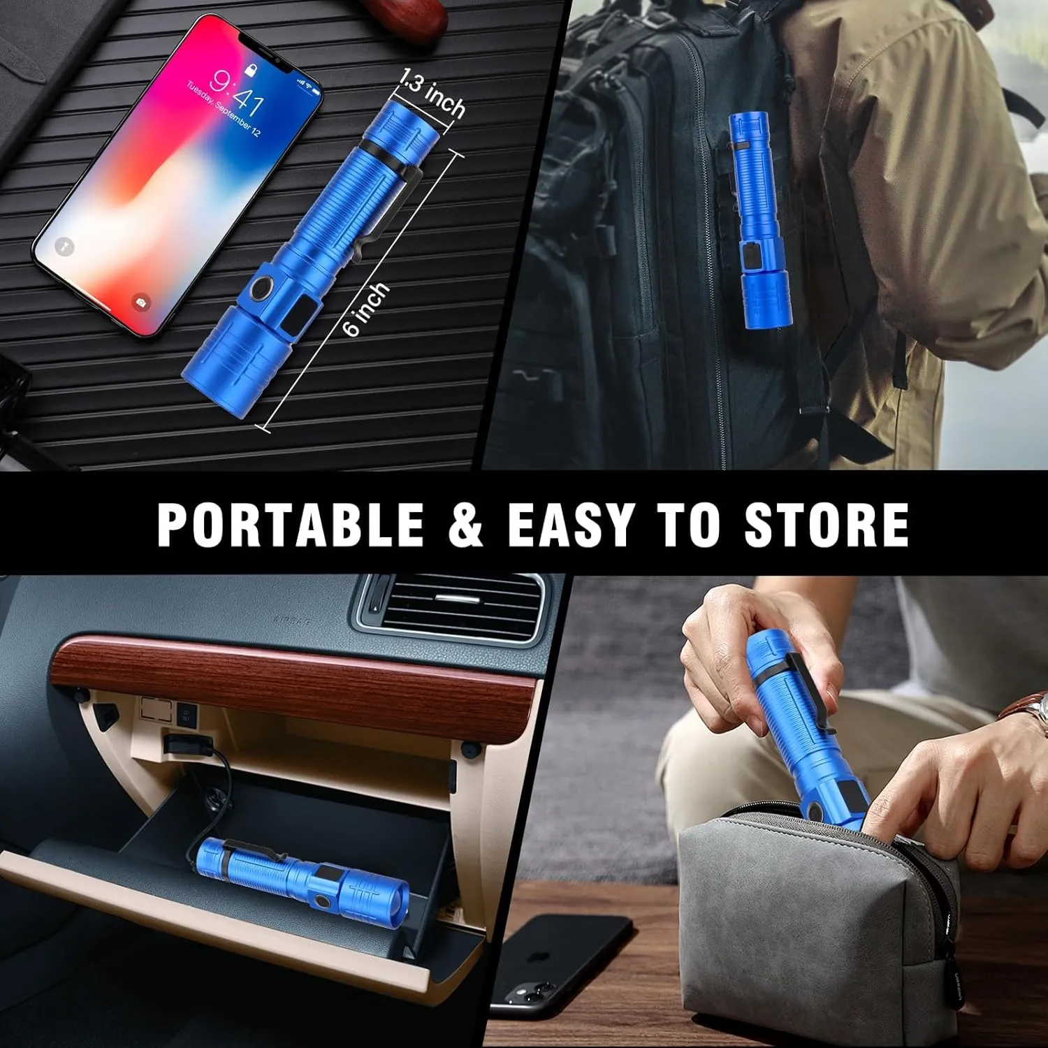 LED Flashlight, High Powered Super Bright Tactical Flashlight, Rechargeable Flashlights High Lumens, 6 Modes Zoomable Waterproof Flash Lights for Emergency, Camping, Hiking (Black Blue)