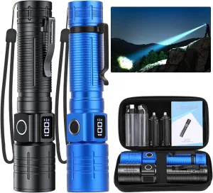 LED Flashlight, High Powered Super Bright Tactical Flashlight, Rechargeable Flashlights High Lumens, 6 Modes Zoomable Waterproof Flash Lights for Emergency, Camping, Hiking (Black Blue)
