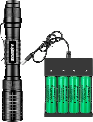 LED Flashlights 4-pcs Rechargeable Batter￵y and Battery Charger 4 Bay Dual Power Flashlight with Clip 5 Modes Water Resistant High Lumen for Hiking Camping Hunting Fishing