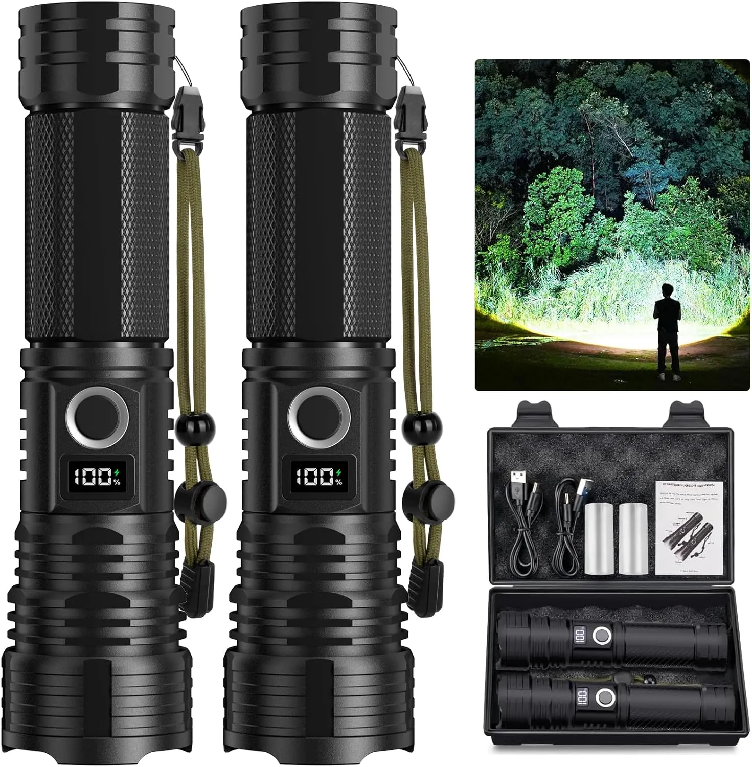 LED Flashlights High Lumens Rechargeable, 2000 Lumen Super Bright Tactical Flashlight High Powered Flash Light with 5 Modes, IPX7 Waterproof Flashlights for Home, Camping, Emergencies