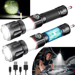 LED Rechargeable Flashlight, Portable Bright Tactical Flashlights, Magnetic Flashlight with 360°COB Light, Zoomable, Waterproof, 4 Modes Lights for Camping Emergencies Car Walking (2 Pack)