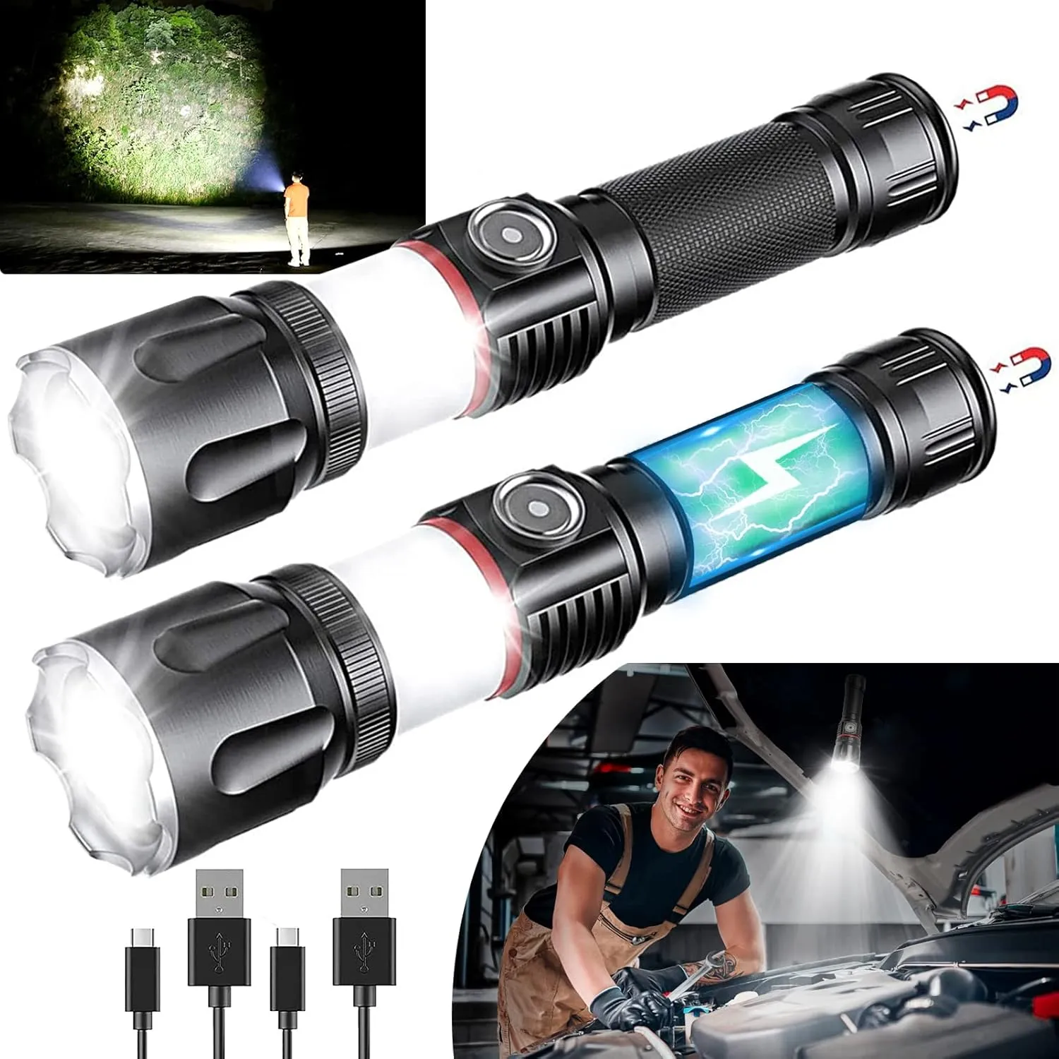 LED Rechargeable Flashlight, Portable Bright Tactical Flashlights, Magnetic Flashlight with 360°COB Light, Zoomable, Waterproof, 4 Modes Lights for Camping Emergencies Car Walking (2 Pack)