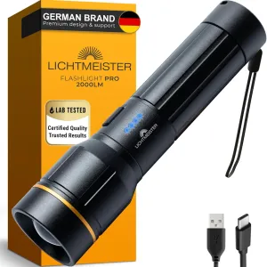LICHTMEISTER® Flashlight (2000 Lumens, 5000 mAh Battery) – Rechargeable Flashlight – Flashlights High Lumens – Tactical Flashlight – Flashlight Rechargeable - Extra Bright LED Flashlight