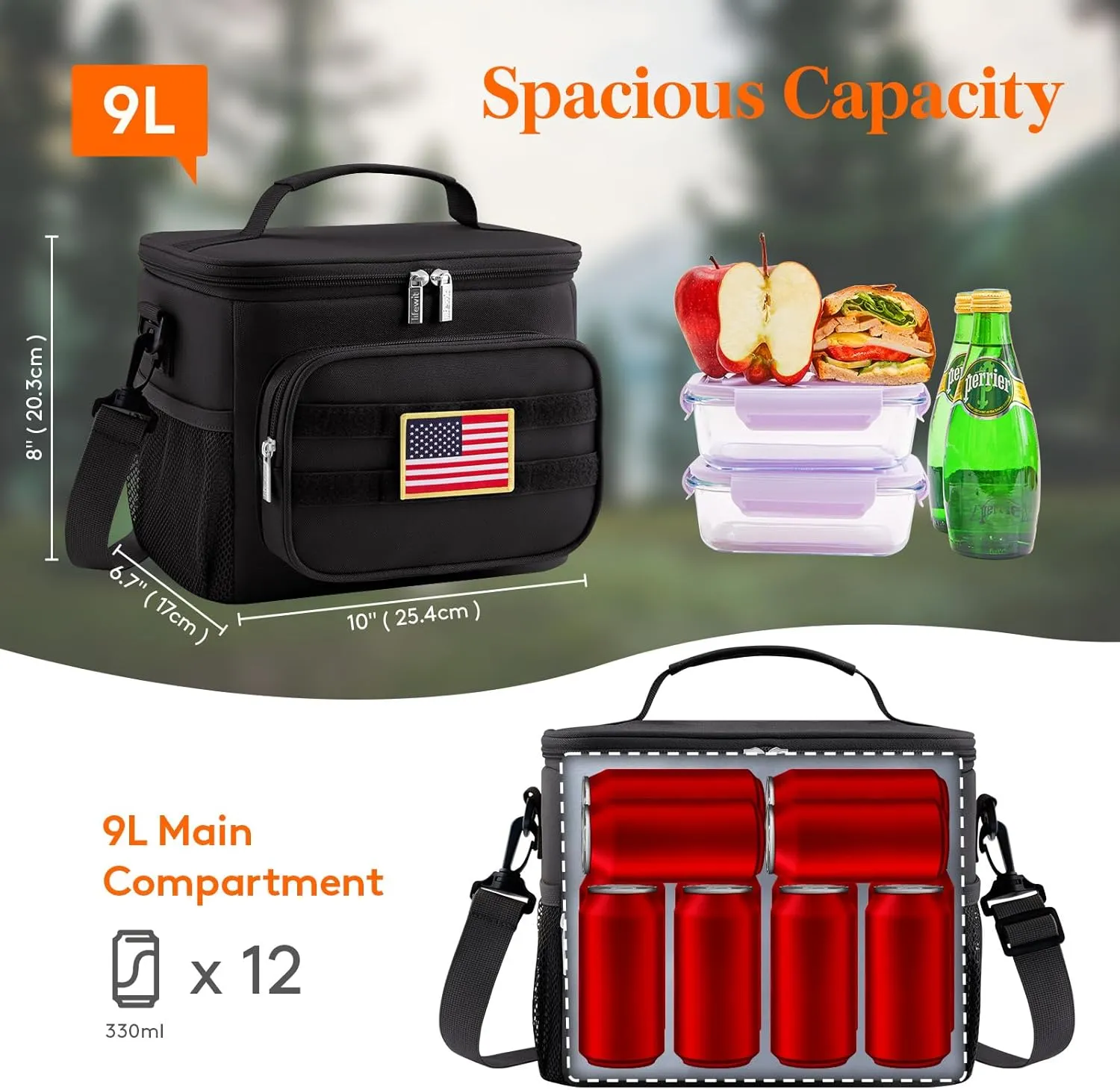 Lifewit Tactical Lunch Box for Men, Insulated Lunch Bag, 9L 12Can, Black