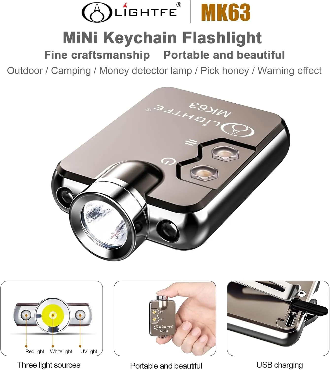 LIGHTFE Key-Chain Flashlight MK63 3 in 1 uv Light Glare White Light red Light for EDC Flashlight, Camping Flashlight, Emergency Light Designs to Max. 300LM Brightness, 3 Colors LED Lamp(Grey)