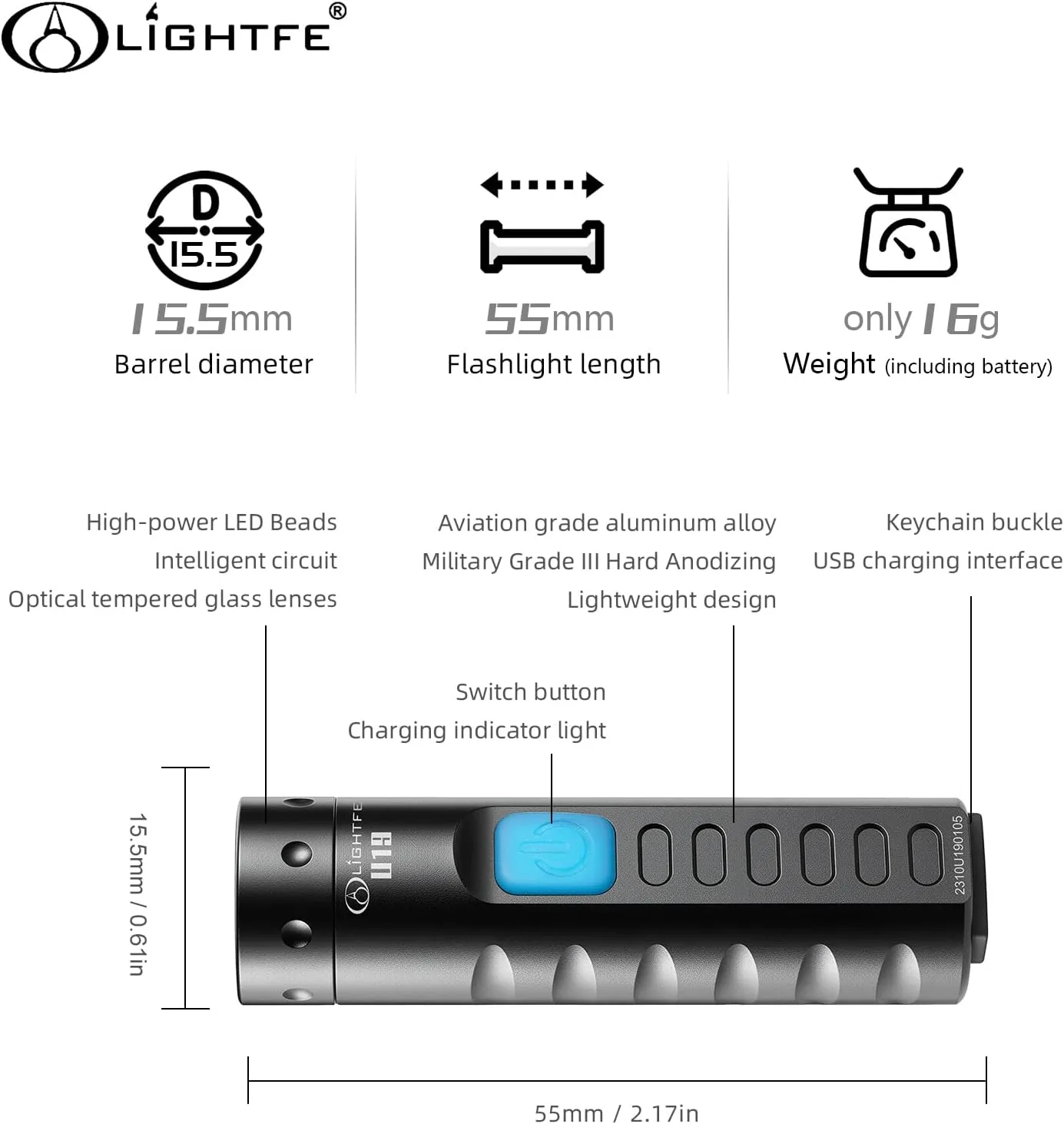 LIGHTFE U19 Super Bright Mini Keychain Flashlight | 150 Lumens | USB-C Fast Charging | Aviation Aluminum | Waterproof and Drop-Resistant | Must-Have for Emergency EDC