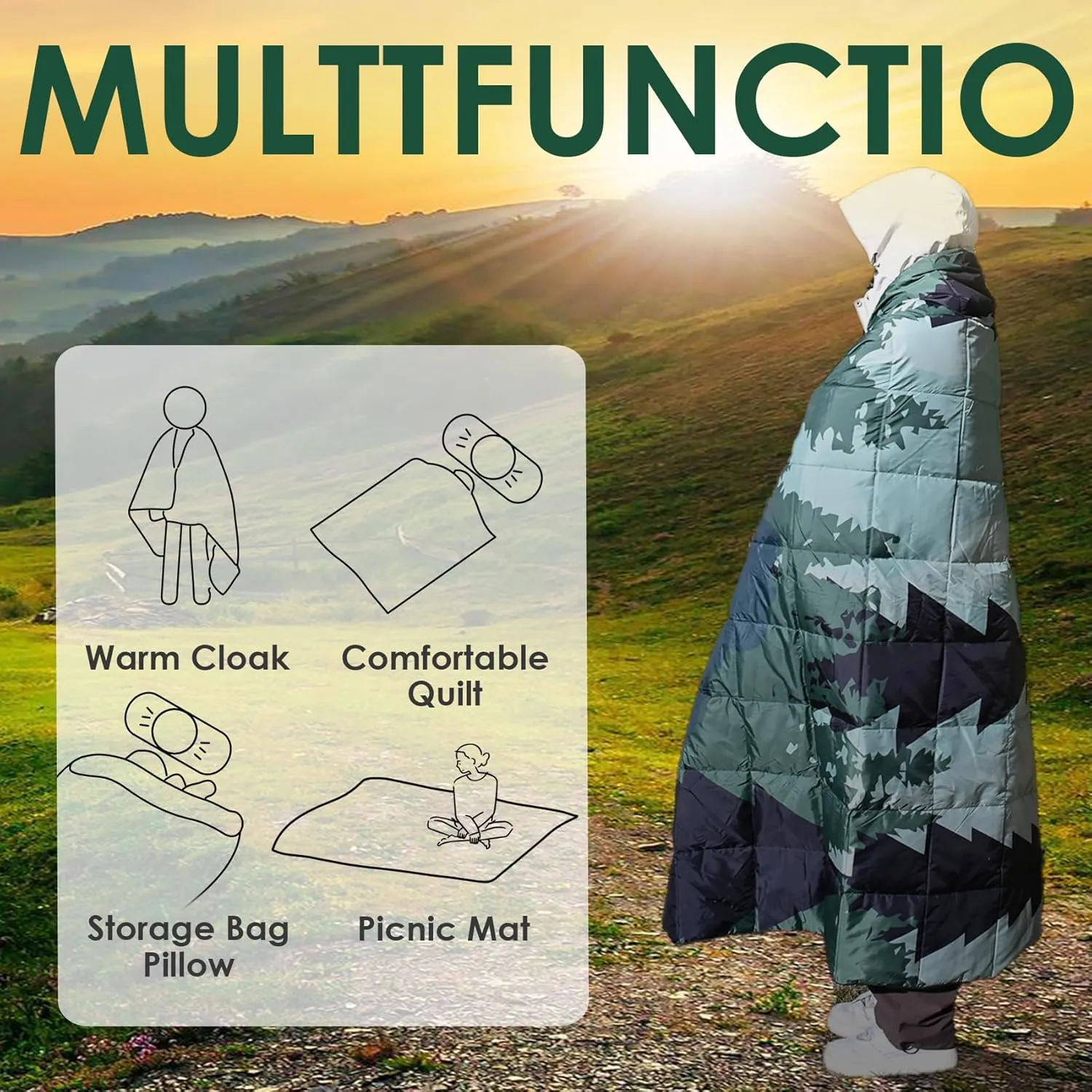 Lightweight Camping Blankets Outdoor Down Alternative Puffy Printed Camping Blanket Waterproof Large Silk Cotton Blanket Packable Warm for Trave Picnic Hiking Camping Cold Weather 78" x 55"