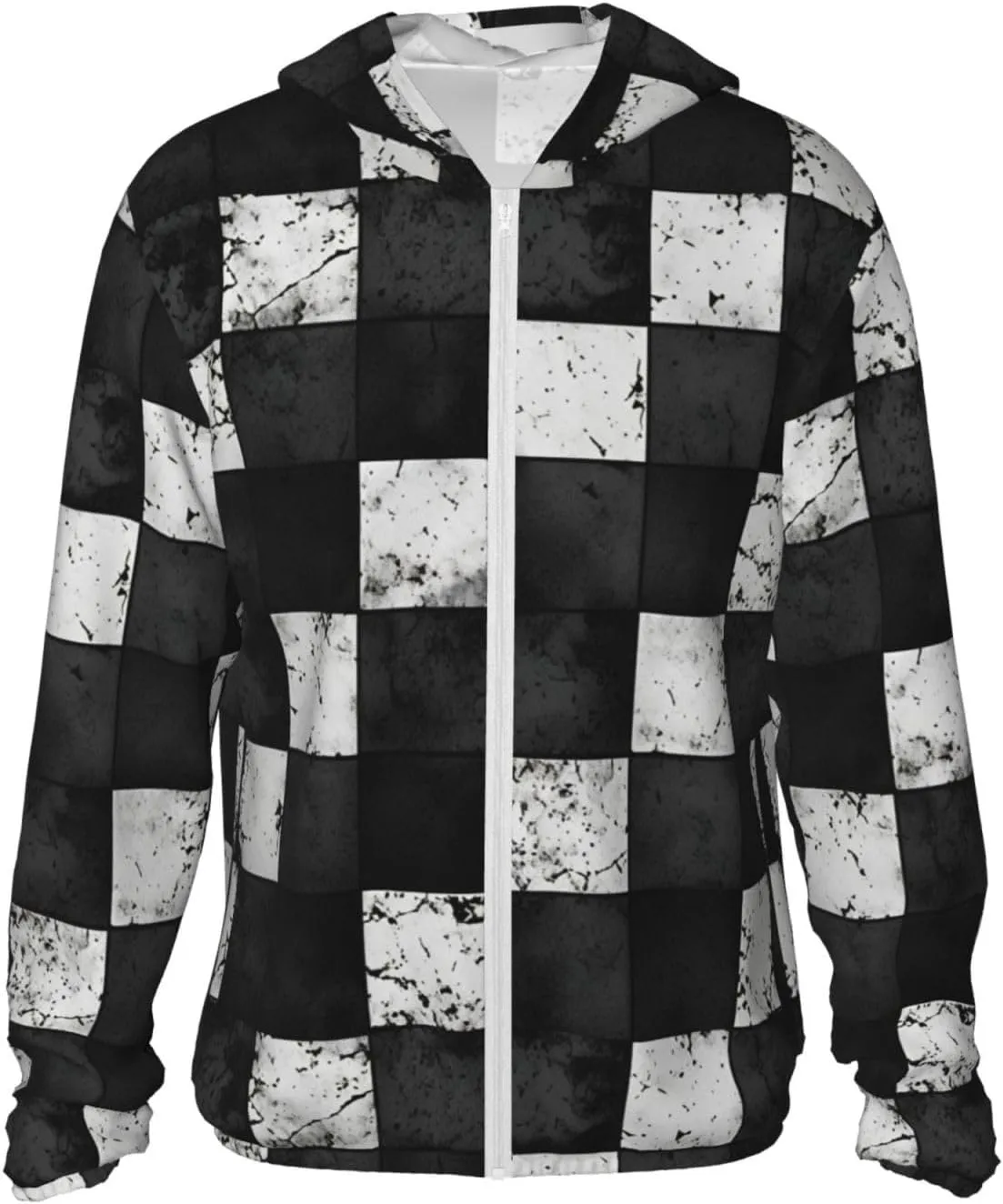 Lightweight UV Protection Sun Jacket, Black White Checkerboard Print Sportswear Hooded Sunblock Shirt for Outdoor