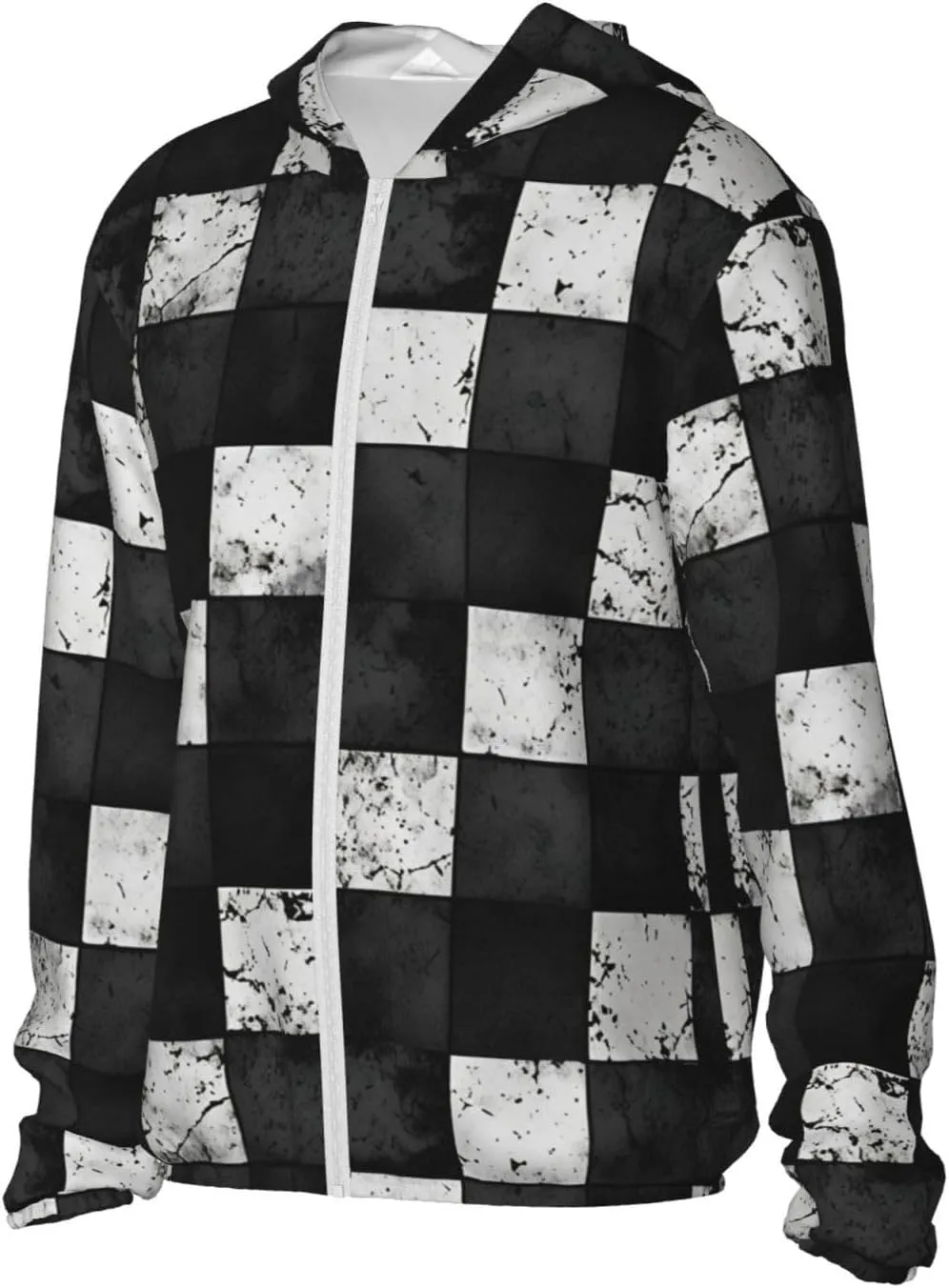 Lightweight UV Protection Sun Jacket, Black White Checkerboard Print Sportswear Hooded Sunblock Shirt for Outdoor
