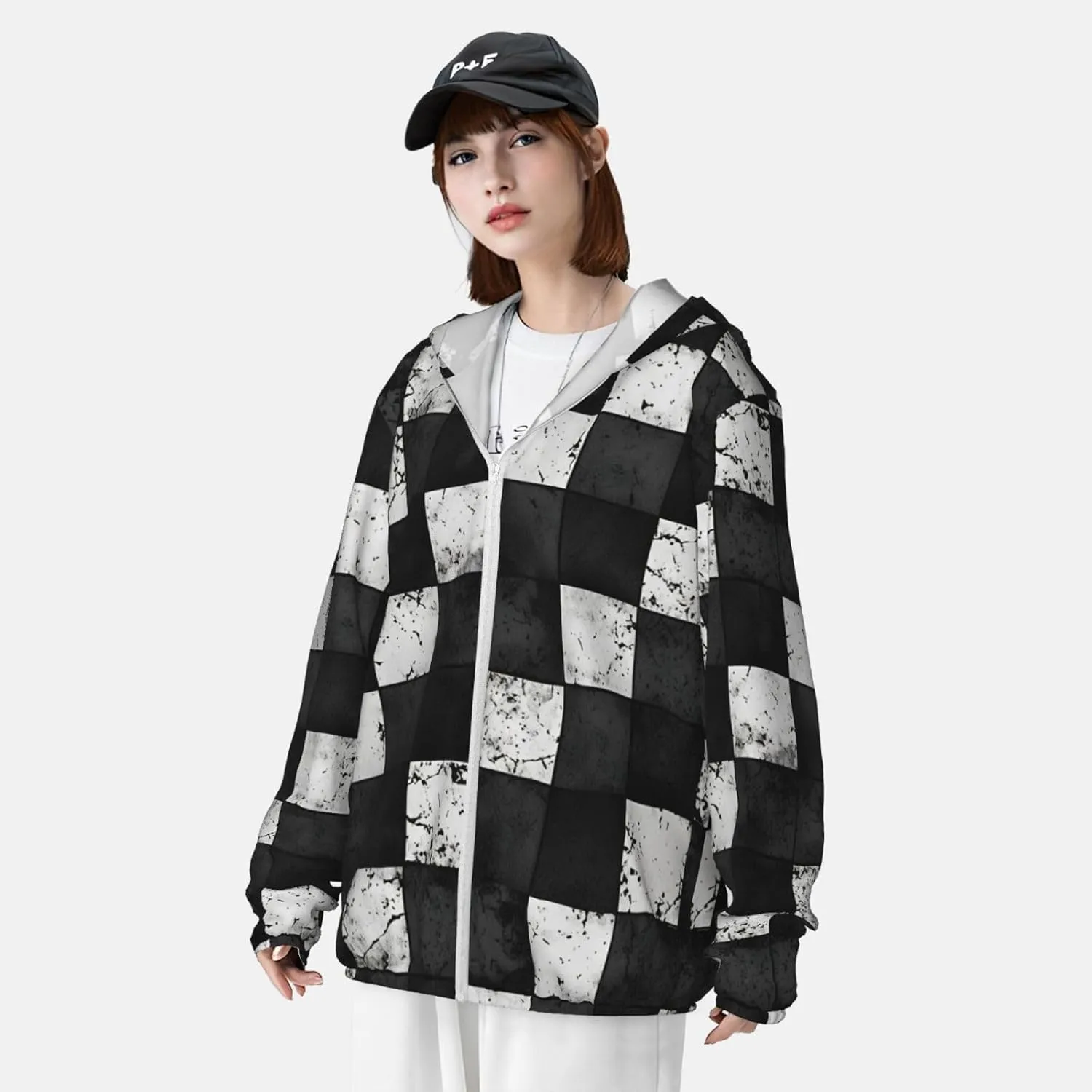 Lightweight UV Protection Sun Jacket, Black White Checkerboard Print Sportswear Hooded Sunblock Shirt for Outdoor