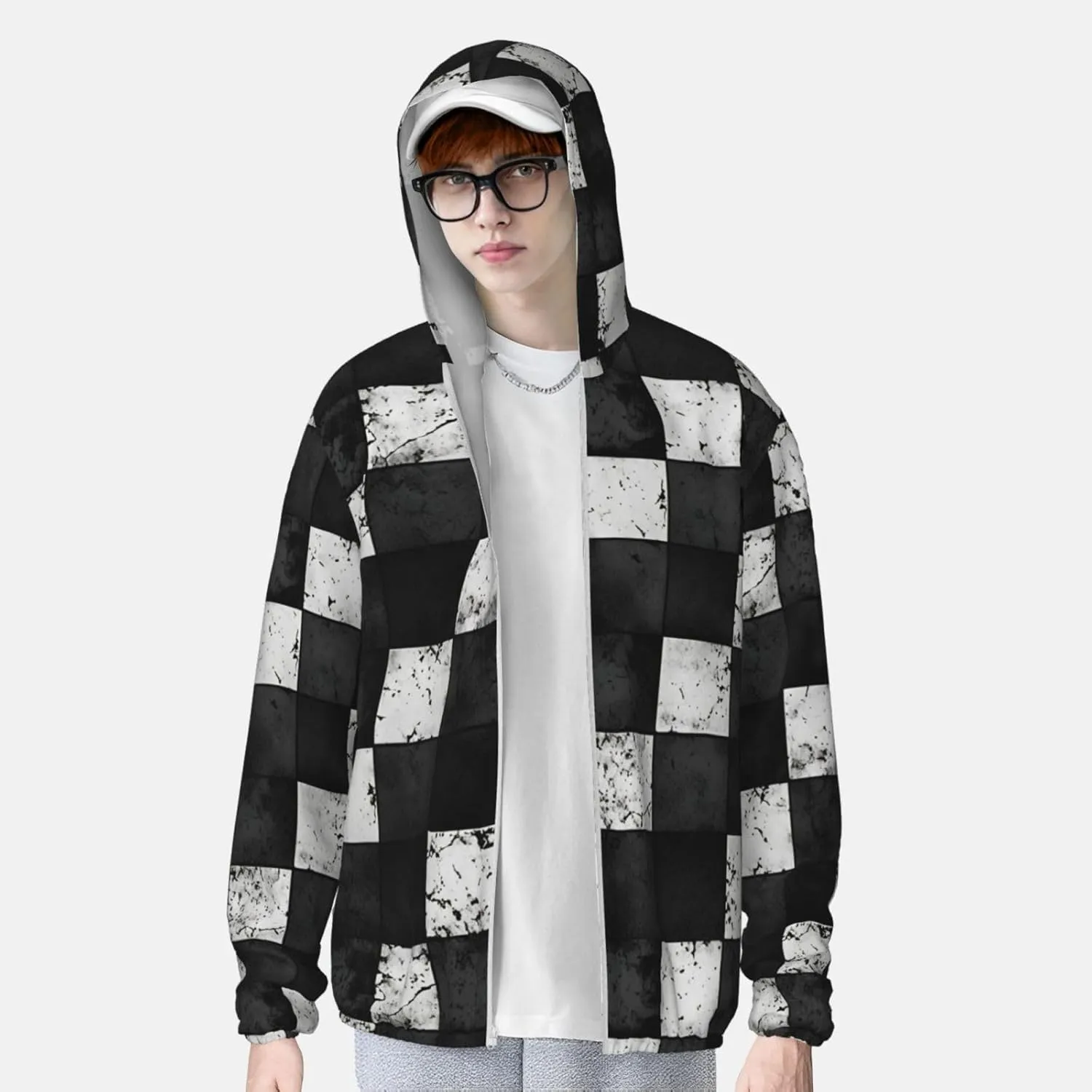 Lightweight UV Protection Sun Jacket, Black White Checkerboard Print Sportswear Hooded Sunblock Shirt for Outdoor