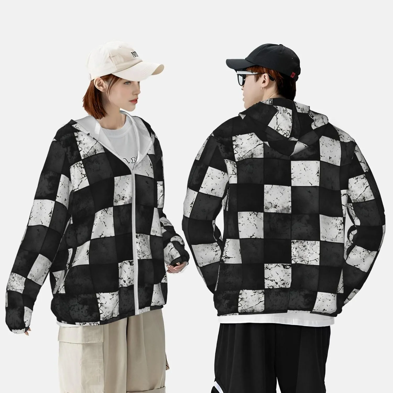Lightweight UV Protection Sun Jacket, Black White Checkerboard Print Sportswear Hooded Sunblock Shirt for Outdoor