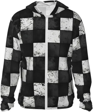 Lightweight UV Protection Sun Jacket, Black White Checkerboard Print Sportswear Hooded Sunblock Shirt for Outdoor