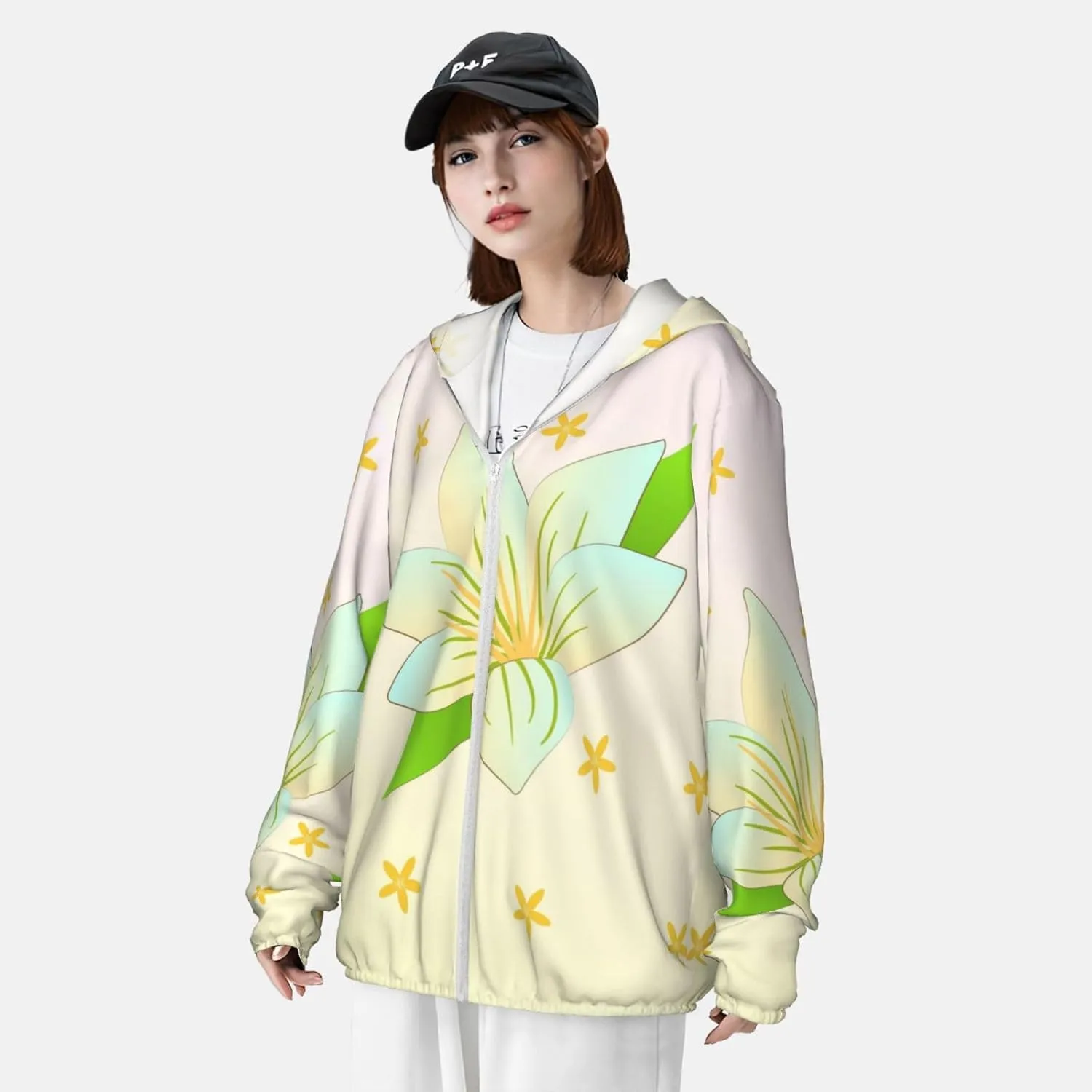 Lightweight UV Protection Sun Jacket, Blooming Daffodils Print Sportswear Hooded Sunblock Shirt for Outdoor