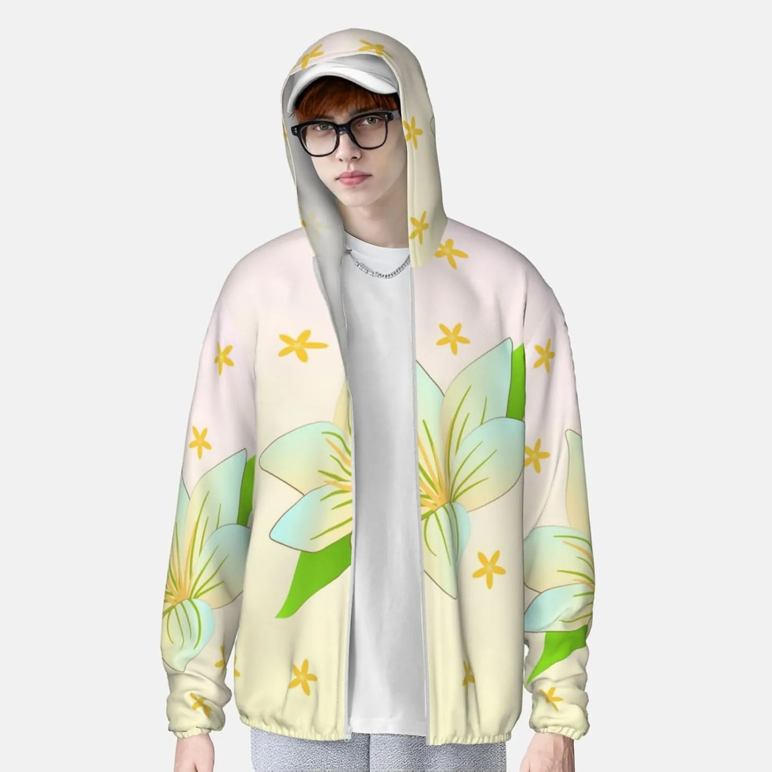 Lightweight UV Protection Sun Jacket, Blooming Daffodils Print Sportswear Hooded Sunblock Shirt for Outdoor