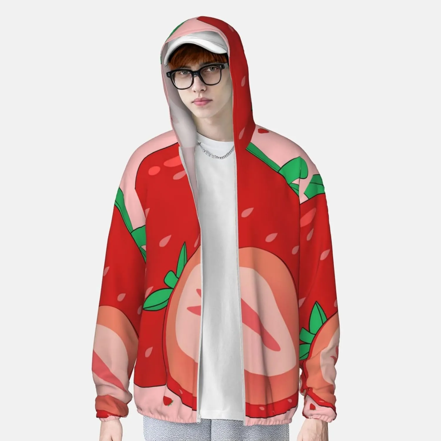Lightweight UV Protection Sun Jacket, cartoon strawberry Print Sportswear Hooded Sunblock Shirt for Outdoor
