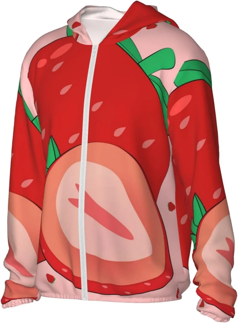 Lightweight UV Protection Sun Jacket, cartoon strawberry Print Sportswear Hooded Sunblock Shirt for Outdoor