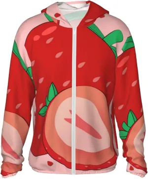Lightweight UV Protection Sun Jacket, cartoon strawberry Print Sportswear Hooded Sunblock Shirt for Outdoor