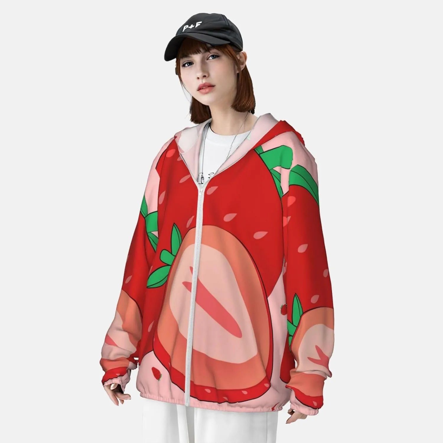 Lightweight UV Protection Sun Jacket, cartoon strawberry Print Sportswear Hooded Sunblock Shirt for Outdoor