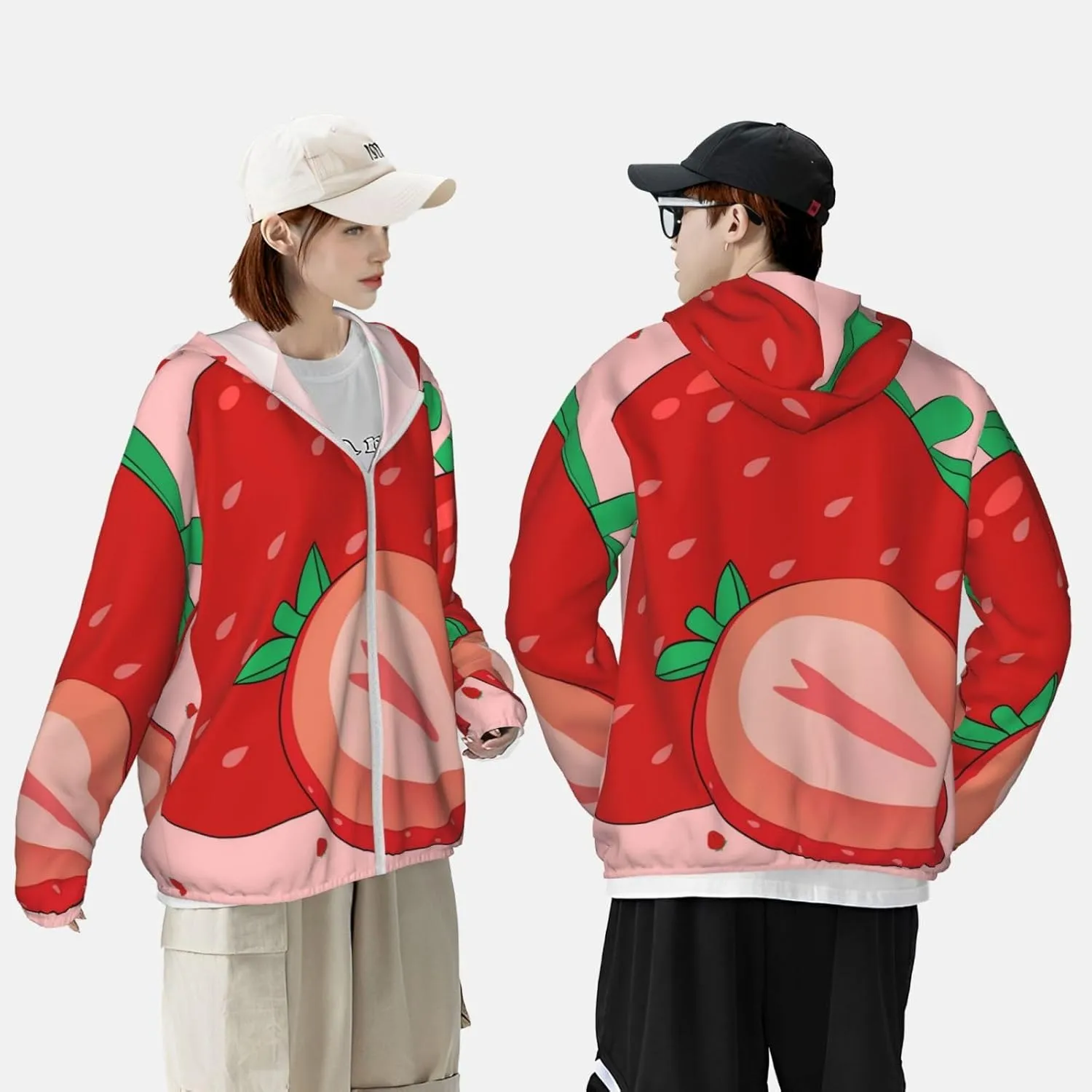 Lightweight UV Protection Sun Jacket, cartoon strawberry Print Sportswear Hooded Sunblock Shirt for Outdoor