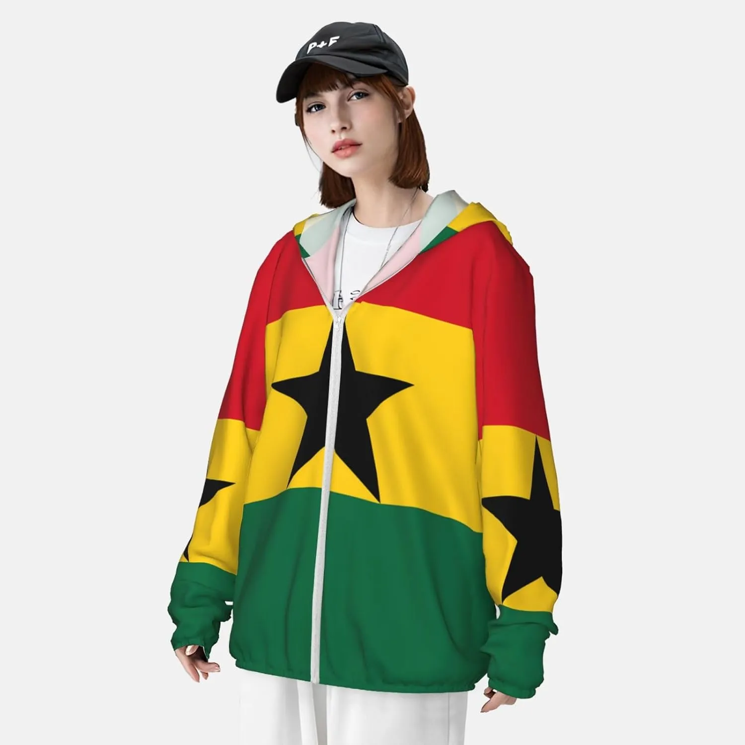 Lightweight UV Protection Sun Jacket, Flag of Ghana Print Sportswear Hooded Sunblock Shirt for Outdoor
