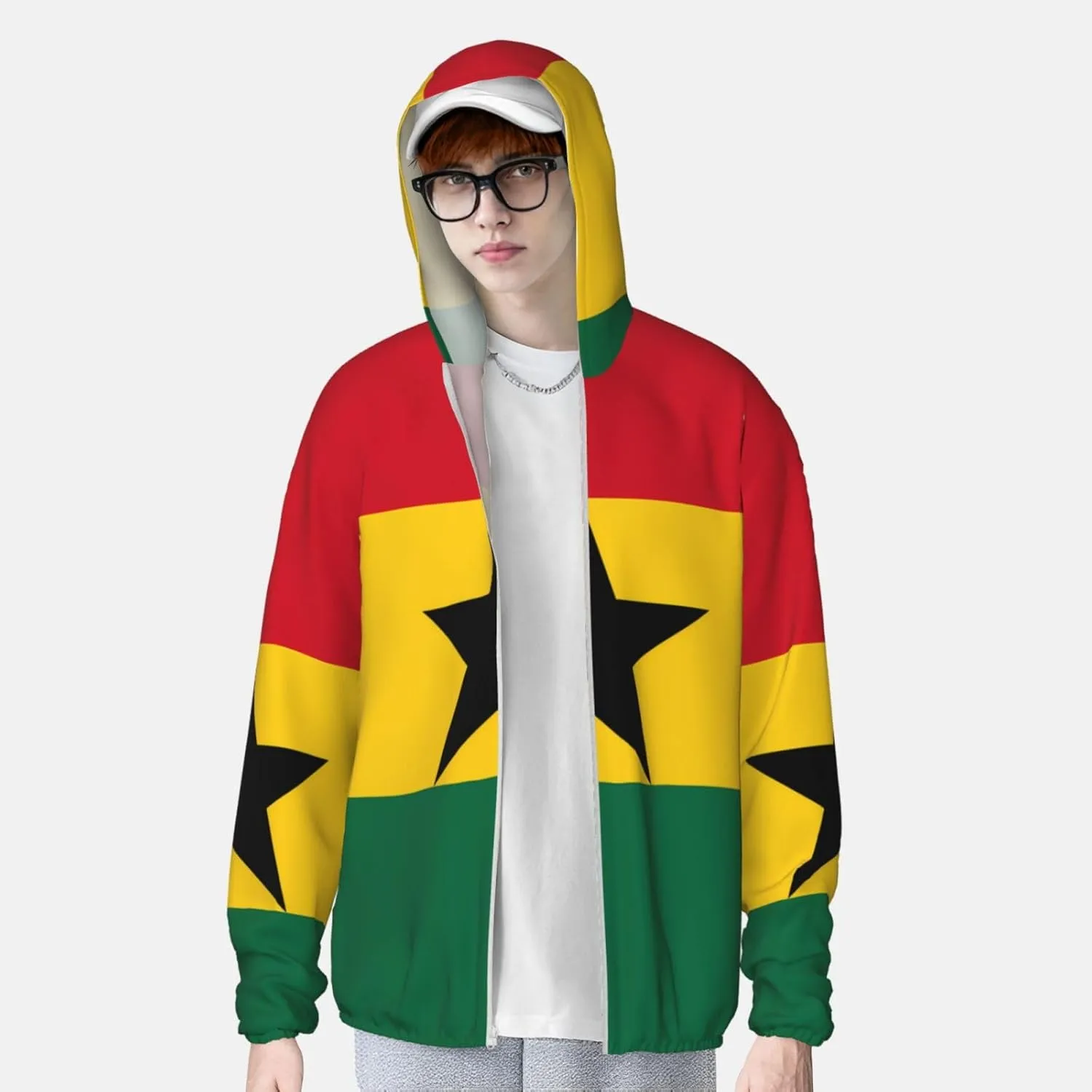 Lightweight UV Protection Sun Jacket, Flag of Ghana Print Sportswear Hooded Sunblock Shirt for Outdoor