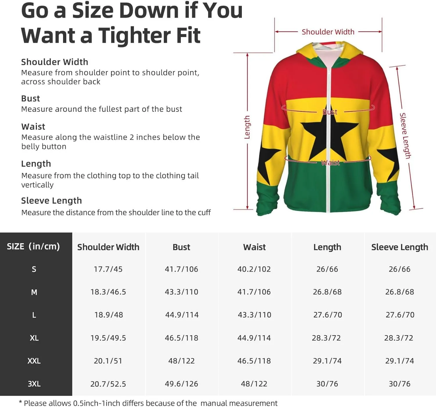 Lightweight UV Protection Sun Jacket, Flag of Ghana Print Sportswear Hooded Sunblock Shirt for Outdoor
