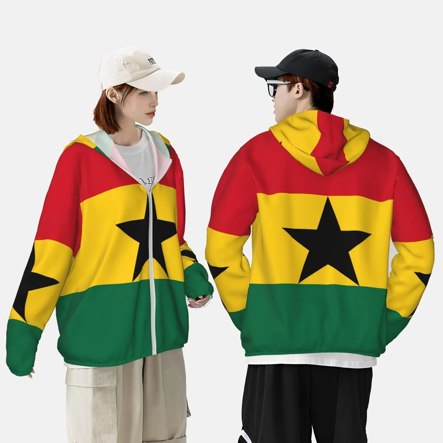 Lightweight UV Protection Sun Jacket, Flag of Ghana Print Sportswear Hooded Sunblock Shirt for Outdoor