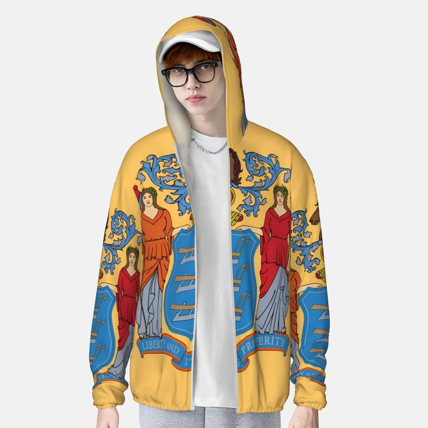 Lightweight UV Protection Sun Jacket, Flag of New Jersey Print Sportswear Hooded Sunblock Shirt for Outdoor